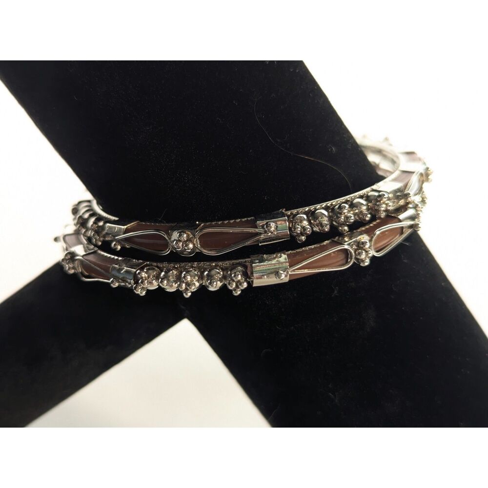 Silver Tone and Chestnut Acrylic Bangle Bracelet Set of Two 8 inch - Picture 5 of 7